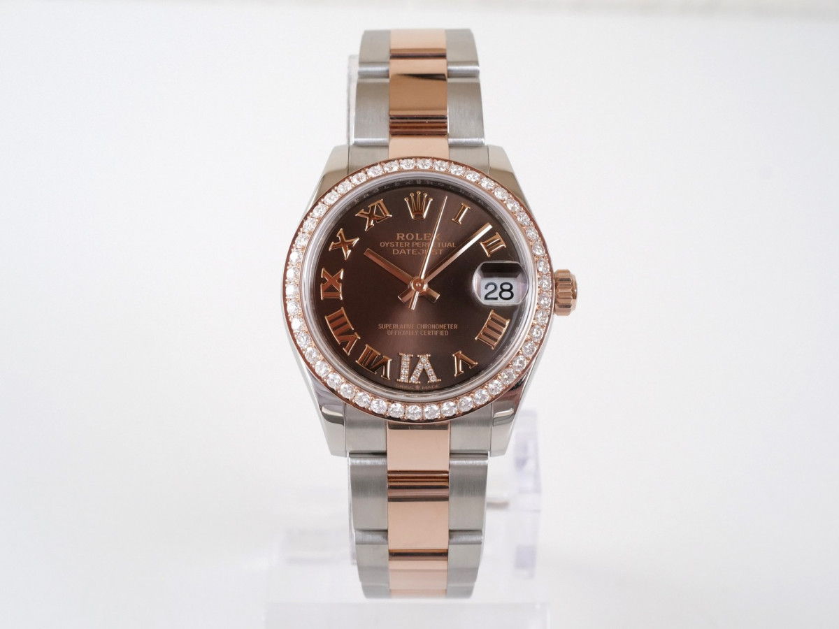 Швейцарський годинник Rolex Lady-Datejust 31 Oyster Steel 18K Rose Gold Chocolate Diamond Roman VI Dial Diamond Bezel