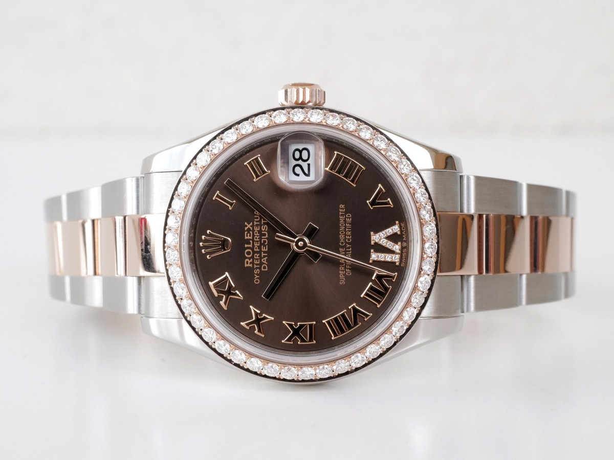Швейцарський годинник Rolex Lady-Datejust 31 Oyster Steel 18K Rose Gold Chocolate Diamond Roman VI Dial Diamond Bezel