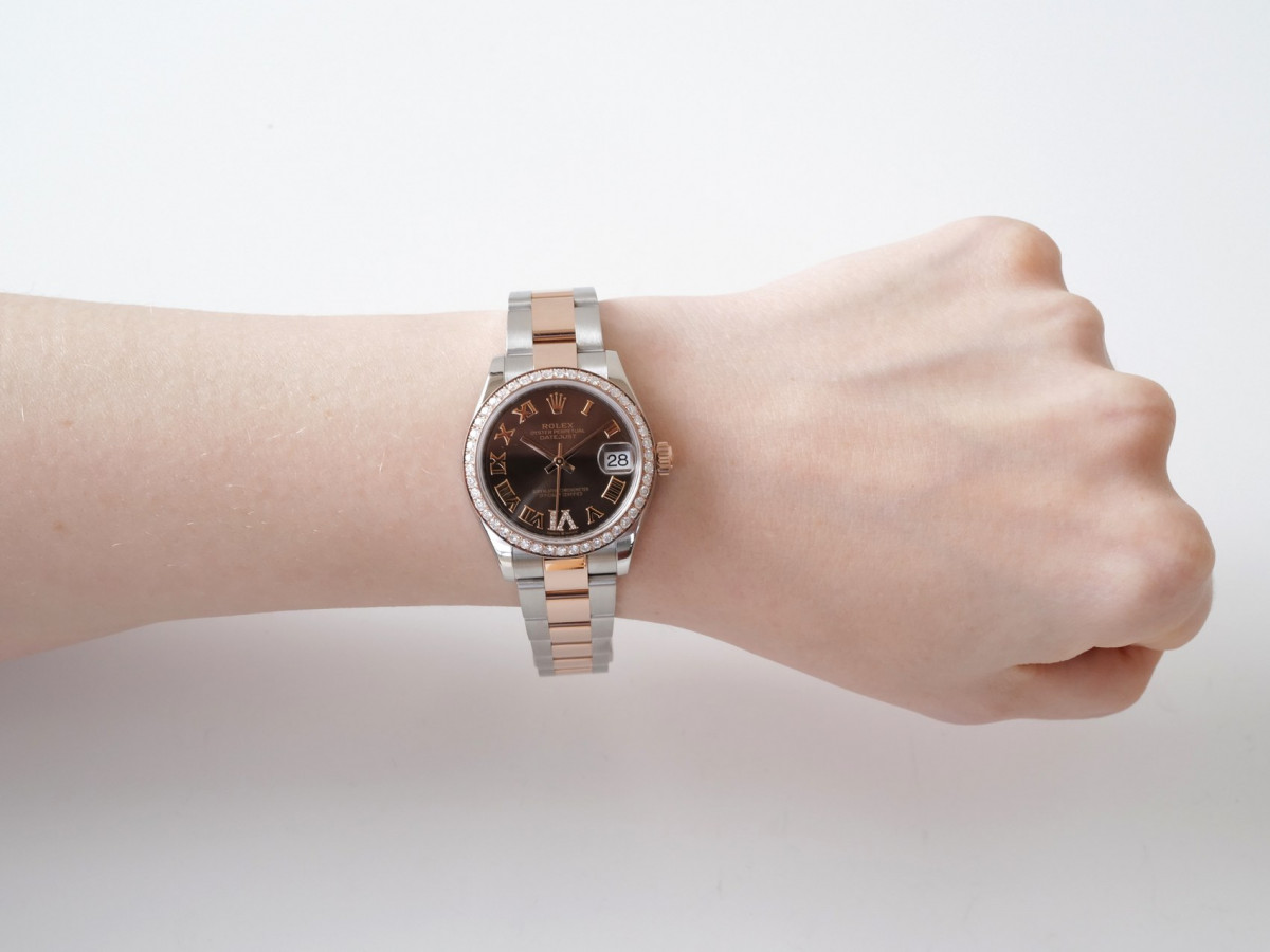 Швейцарський годинник Rolex Lady-Datejust 31 Oyster Steel 18K Rose Gold Chocolate Diamond Roman VI Dial Diamond Bezel