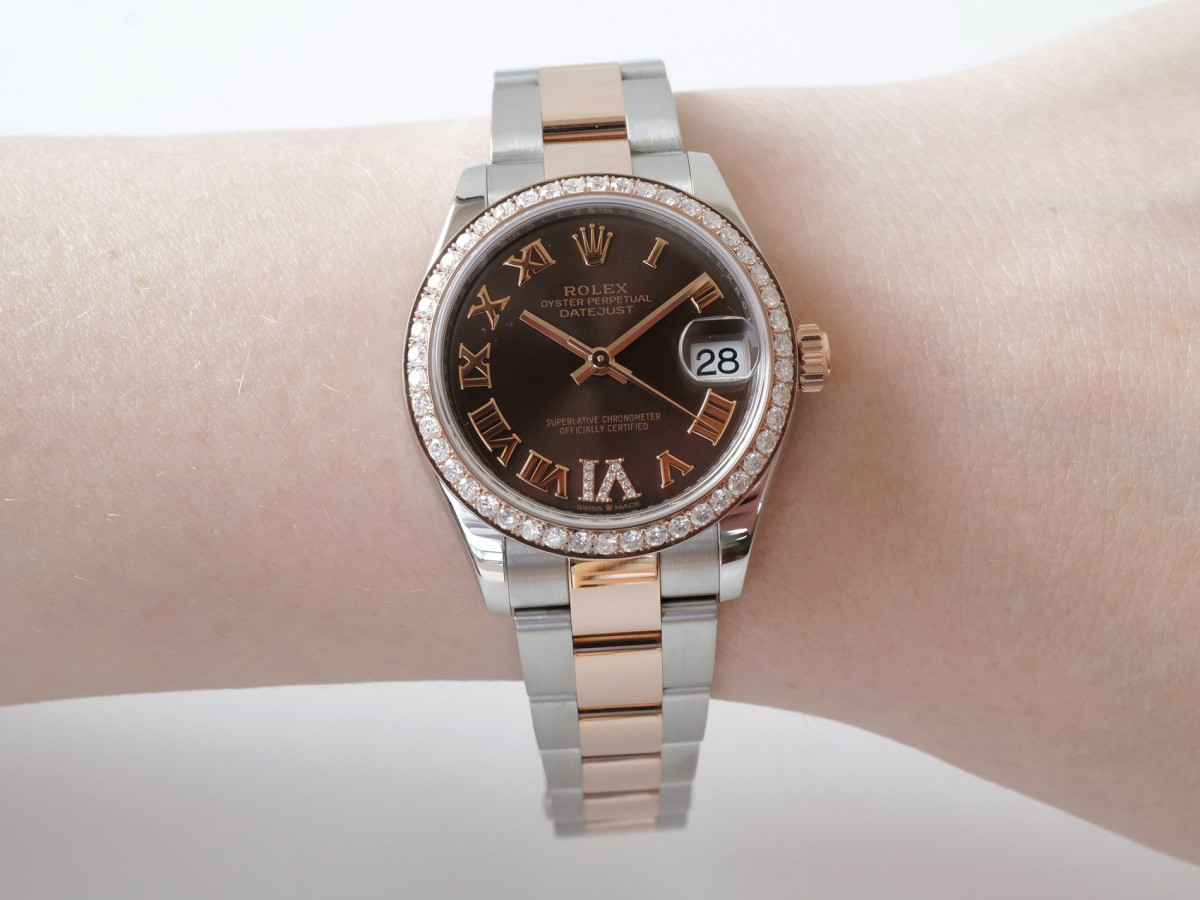 Швейцарський годинник Rolex Lady-Datejust 31 Oyster Steel 18K Rose Gold Chocolate Diamond Roman VI Dial Diamond Bezel