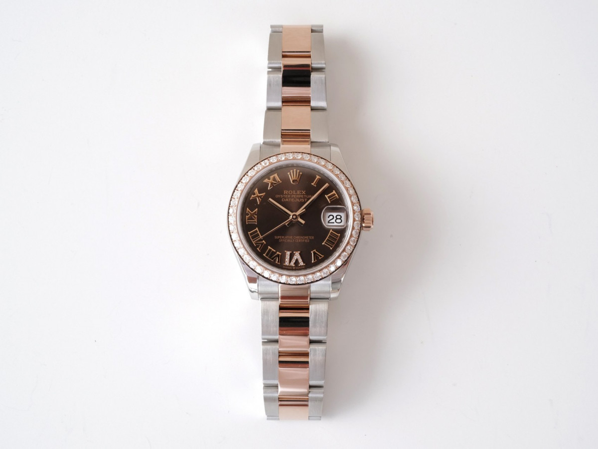 Швейцарський годинник Rolex Lady-Datejust 31 Oyster Steel 18K Rose Gold Chocolate Diamond Roman VI Dial Diamond Bezel