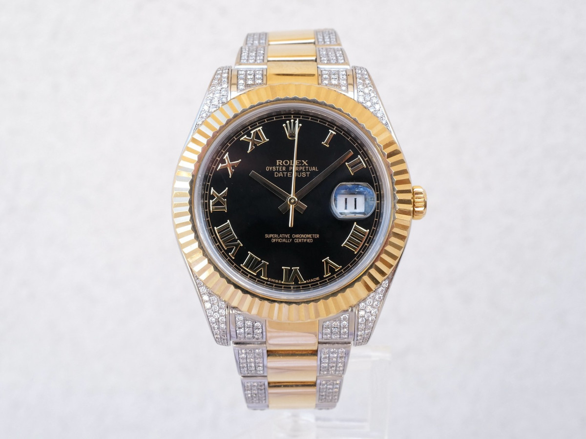 Swiss watch Rolex Datejust II Iced Out Diamonds Oyster 18K Yellow Gold Steel Black Roman Dial