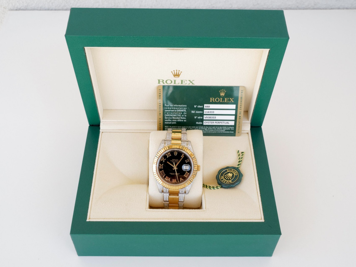 Swiss watch Rolex Datejust II Iced Out Diamonds Oyster 18K Yellow Gold Steel Black Roman Dial