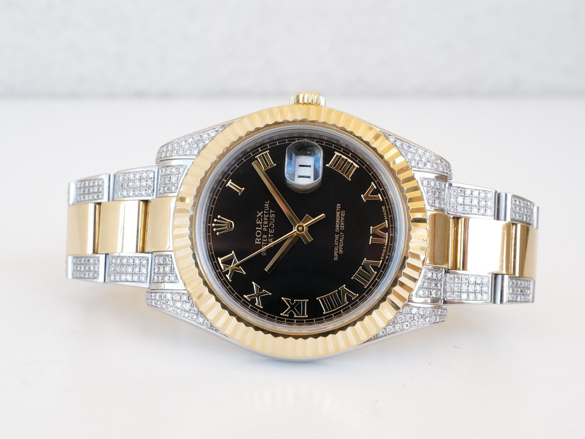 Swiss watch Rolex Datejust II Iced Out Diamonds Oyster 18K Yellow Gold Steel Black Roman Dial