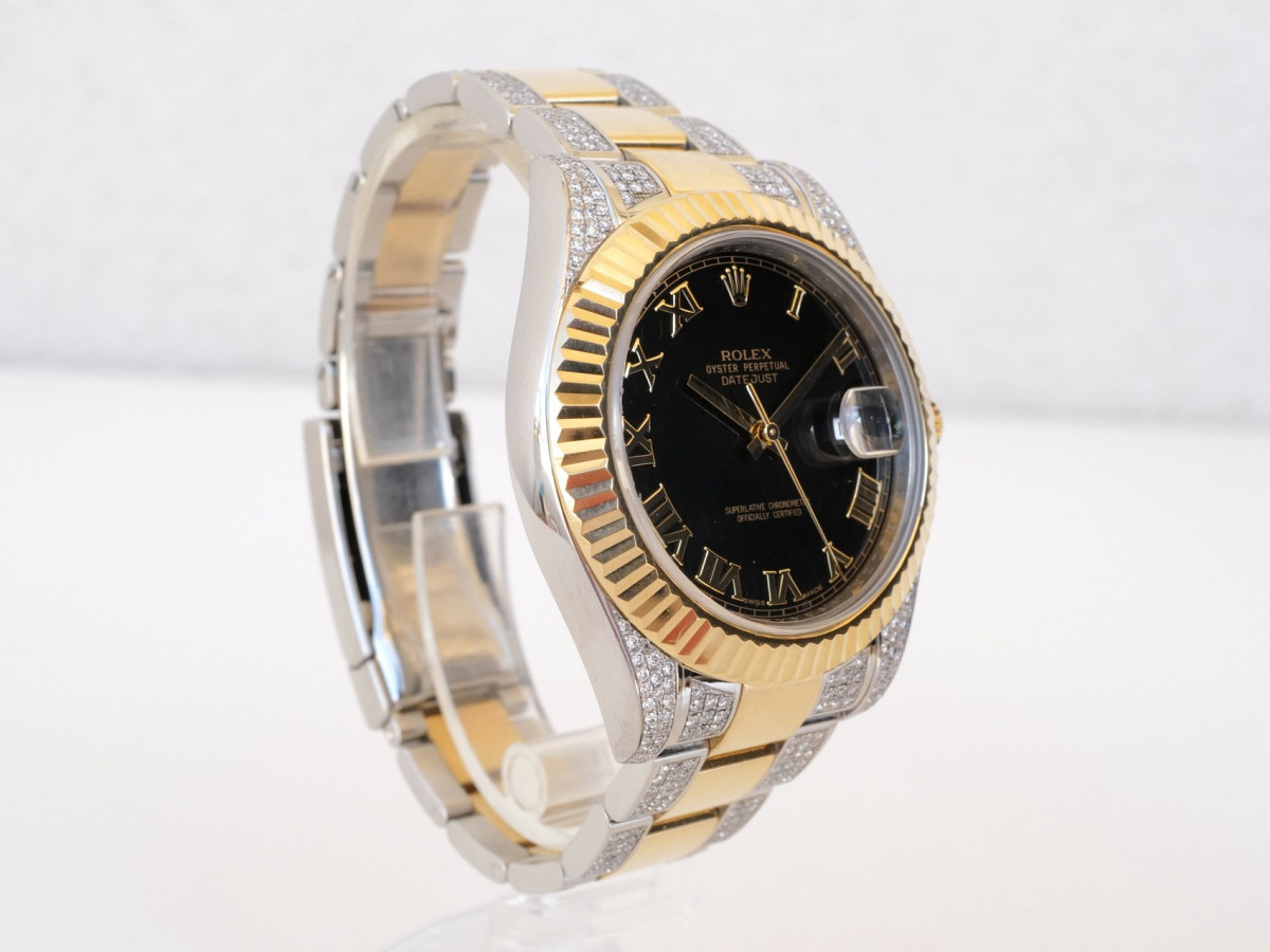 Swiss watch Rolex Datejust II Iced Out Diamonds Oyster 18K Yellow Gold Steel Black Roman Dial