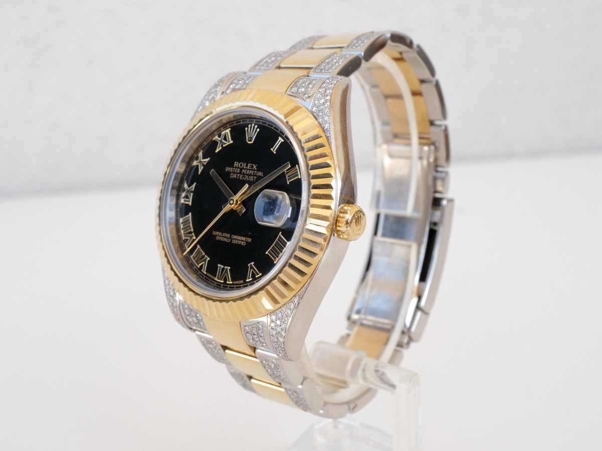 Swiss watch Rolex Datejust II Iced Out Diamonds Oyster 18K Yellow Gold Steel Black Roman Dial