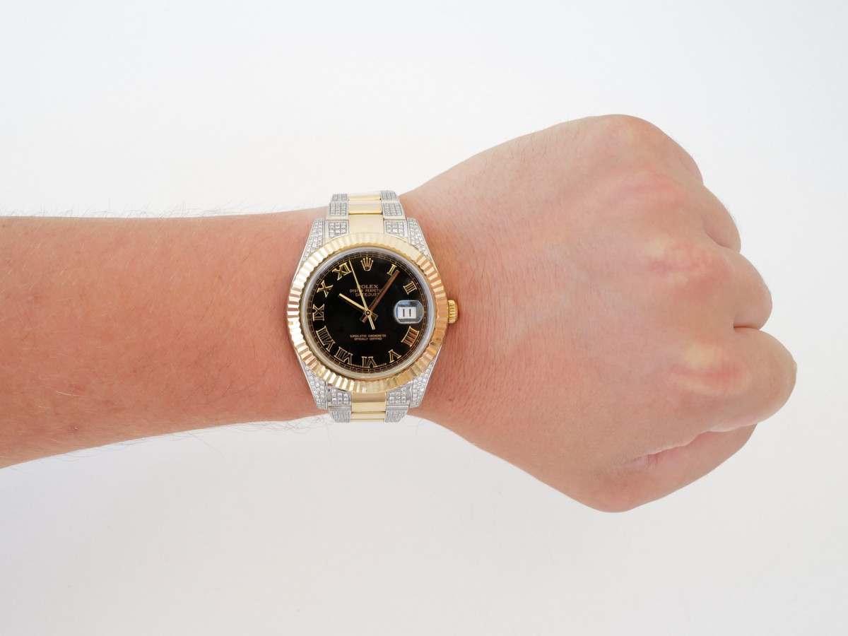 Swiss watch Rolex Datejust II Iced Out Diamonds Oyster 18K Yellow Gold Steel Black Roman Dial