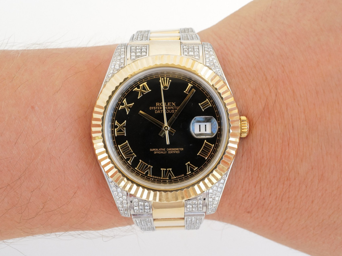 Swiss watch Rolex Datejust II Iced Out Diamonds Oyster 18K Yellow Gold Steel Black Roman Dial