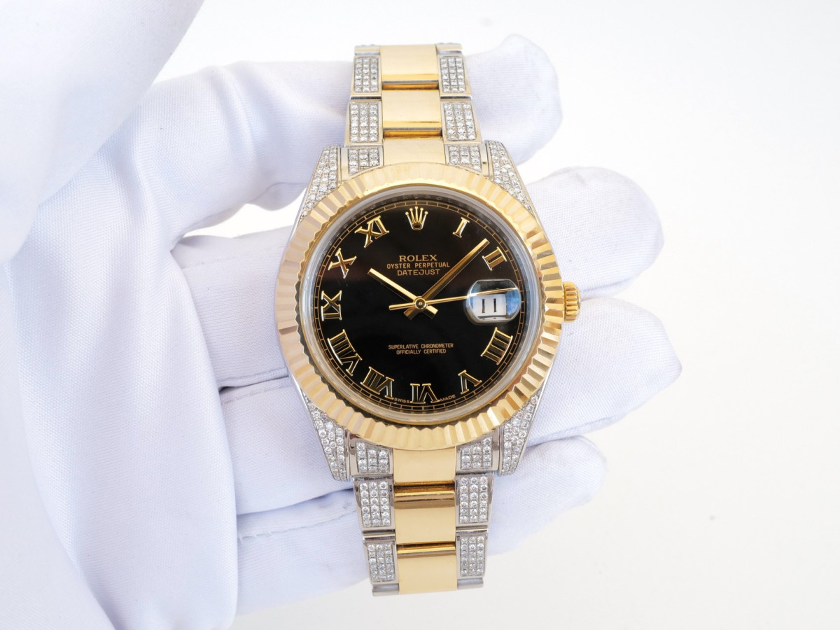 Swiss watch Rolex Datejust II Iced Out Diamonds Oyster 18K Yellow Gold Steel Black Roman Dial
