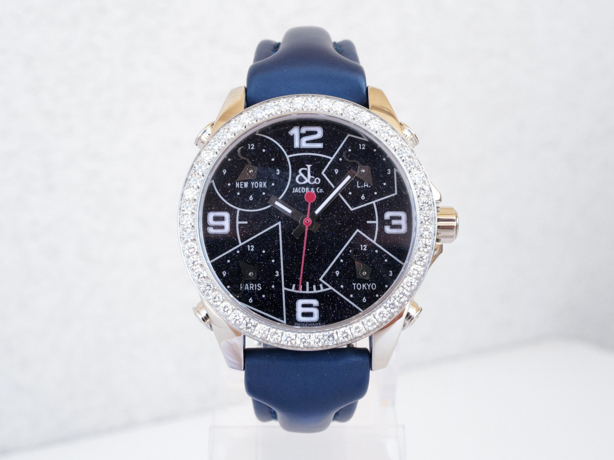 Швейцарские часы Jacob & Co Five Time Zone Diamonds 2ct Black Starry Night Dial 40