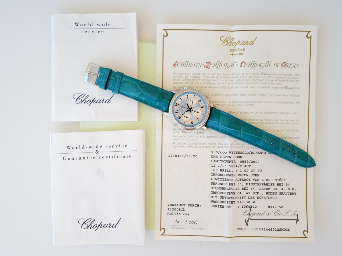 Швейцарские часы Chopard Mille Miglia Elton John Chronograph Limited Edition MOP Dial Diamonds Steel White Gold 39