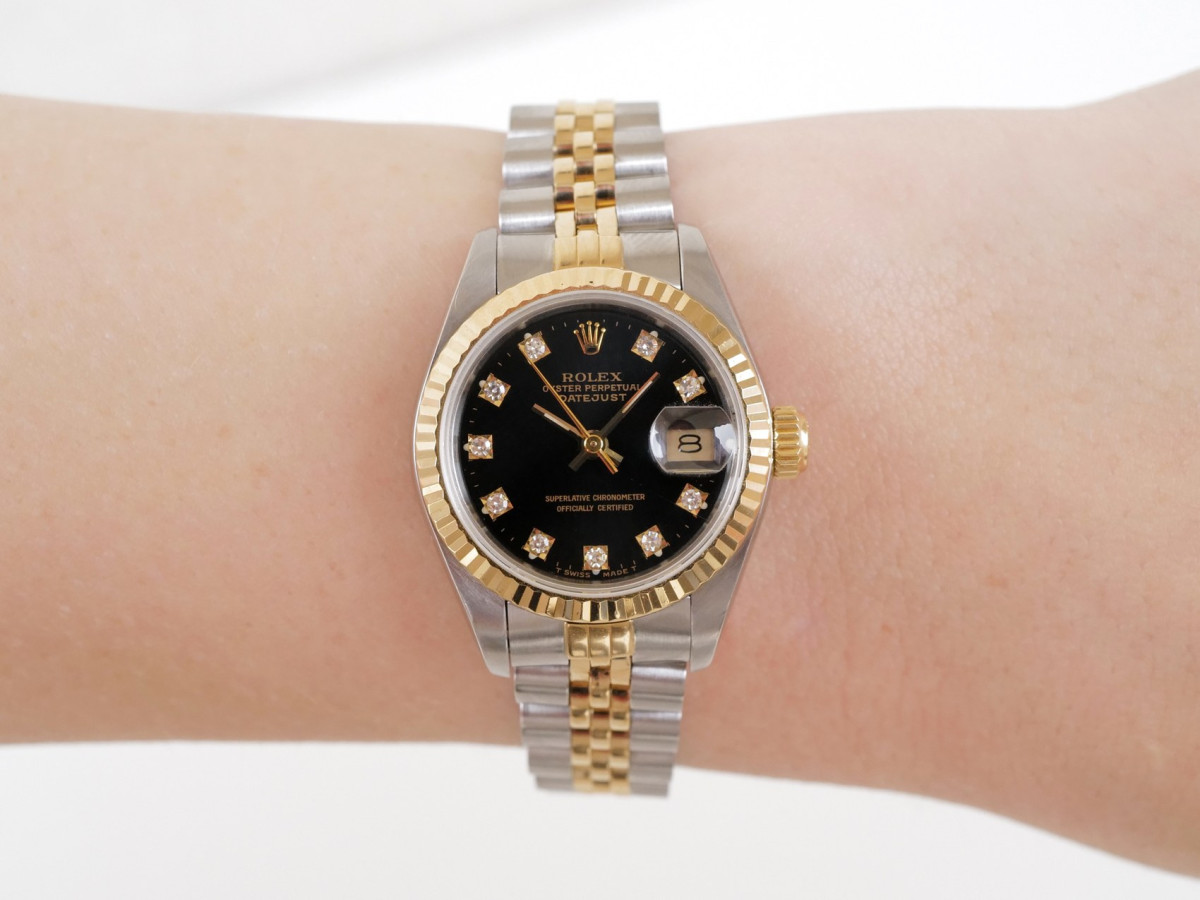 Швейцарський годинник Rolex Lady-Datejust 26 Jubilee Yellow Gold Steel Black Diamond Dial