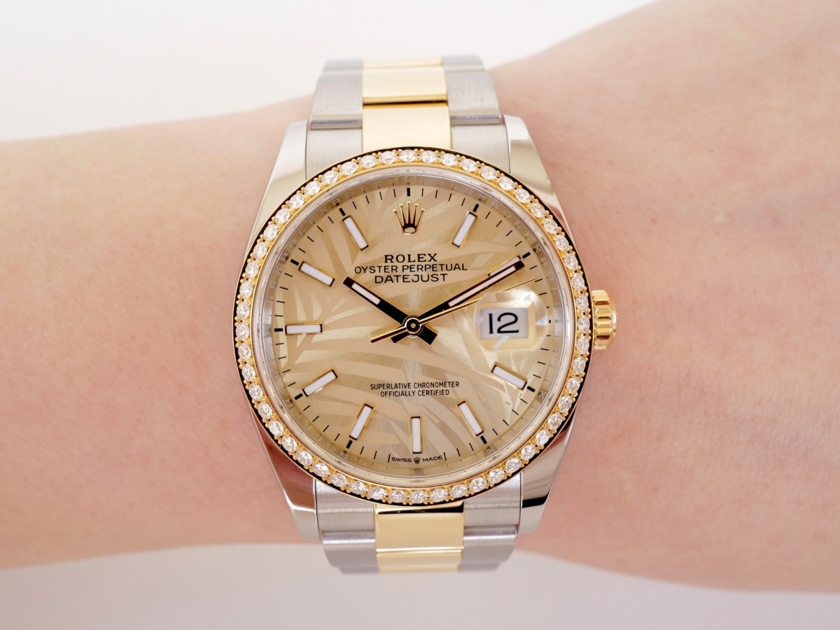 Швейцарський годинник Rolex Datejust 36 Oyster Steel Yellow Gold Diamond Bezel Palm Dial