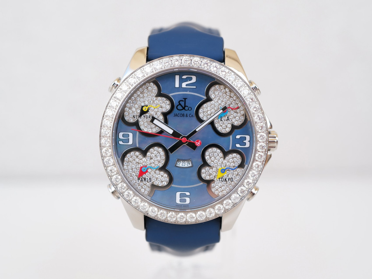 Швейцарские часы Jacob & Co. Five Time Zone Blue MOP Dial 5ct Diamond Bezel 47