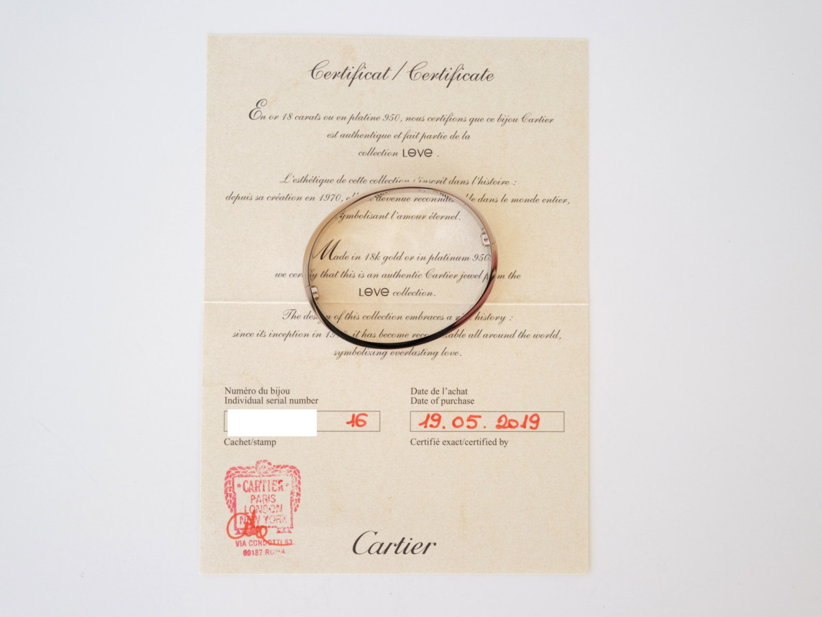 Швейцарський годинник Cartier Love Bracelet Classic Model 18K White Gold 4 Diamonds Size 16