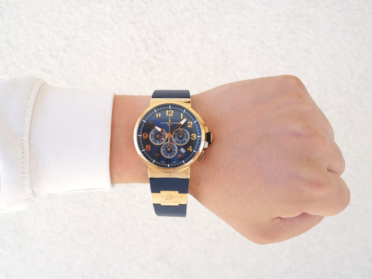 Швейцарские часы Ulysse Nardin Marine Chronograph Manufacture Voyage Bleu 18K Rose Gold Limited Edition 43